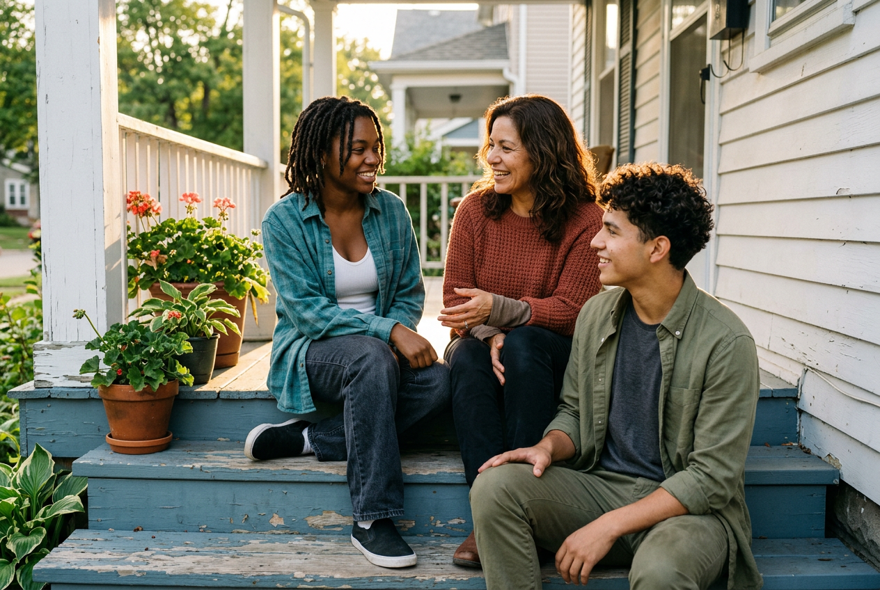 Young adults in warm conversation with a family member on a home porch