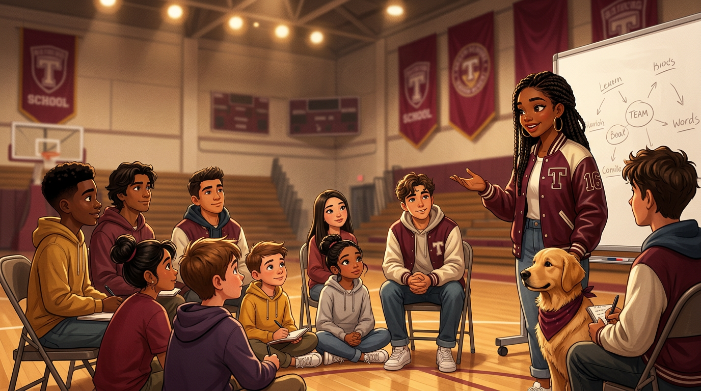 Taylor mentoring a group of students in the gym classroom