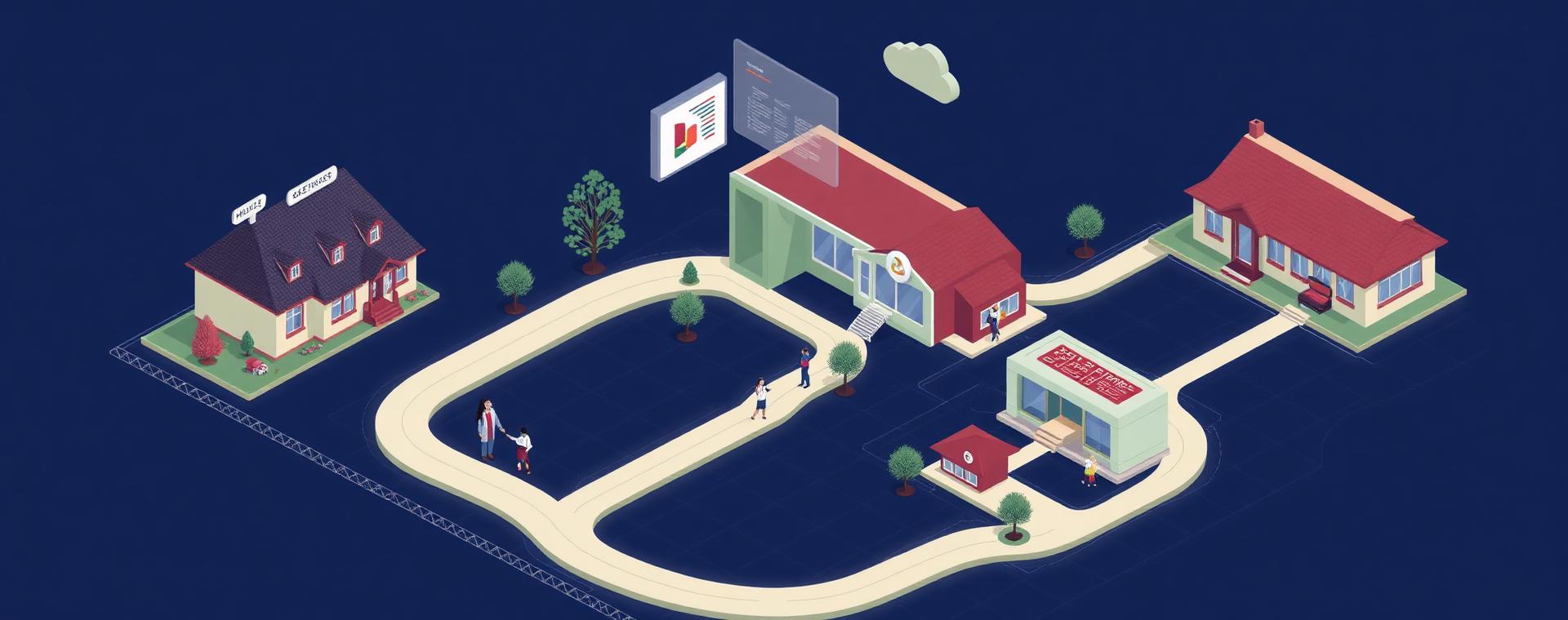 Isometric illustration of home, school, clinic and community connected by pathways