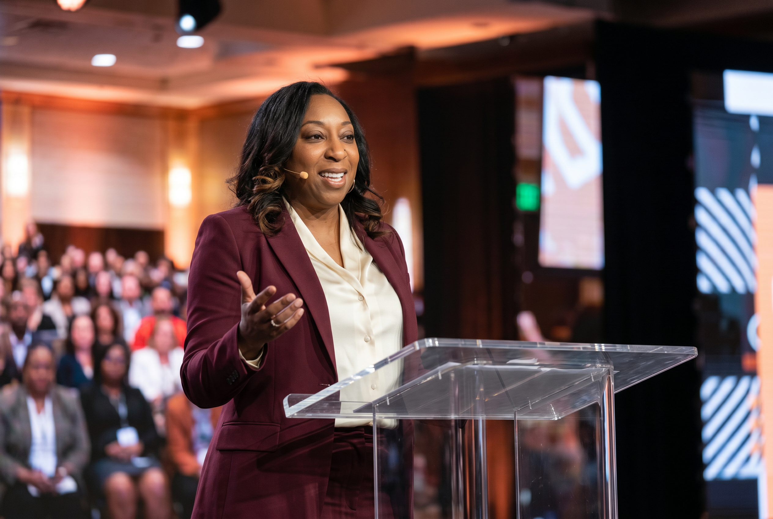 Dr. Olivia speaking on stage at a keynote