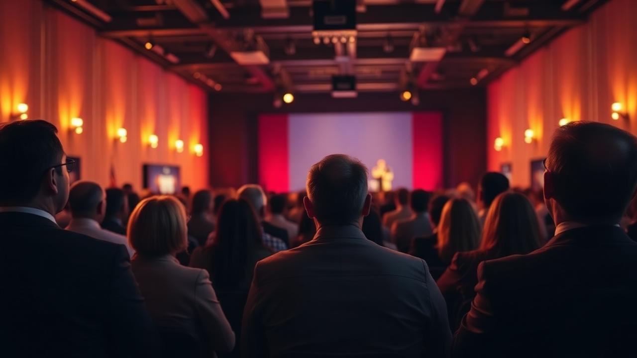 A conference audience watching a keynote
