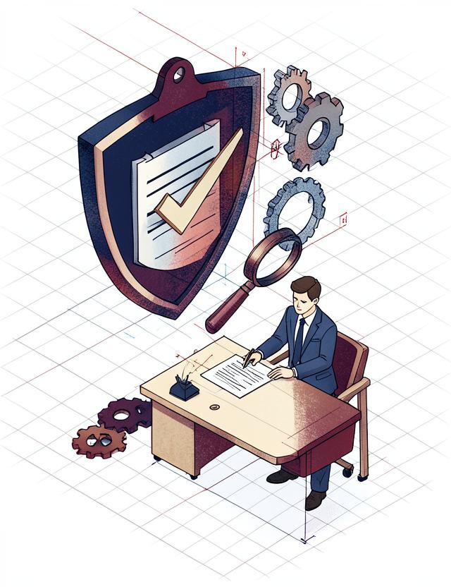 Isometric illustration of an authorization shield, gears, and a reviewer verifying paperwork