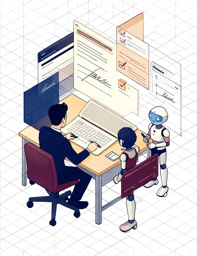 Isometric illustration of a person completing a guided digital form with an AI copilot