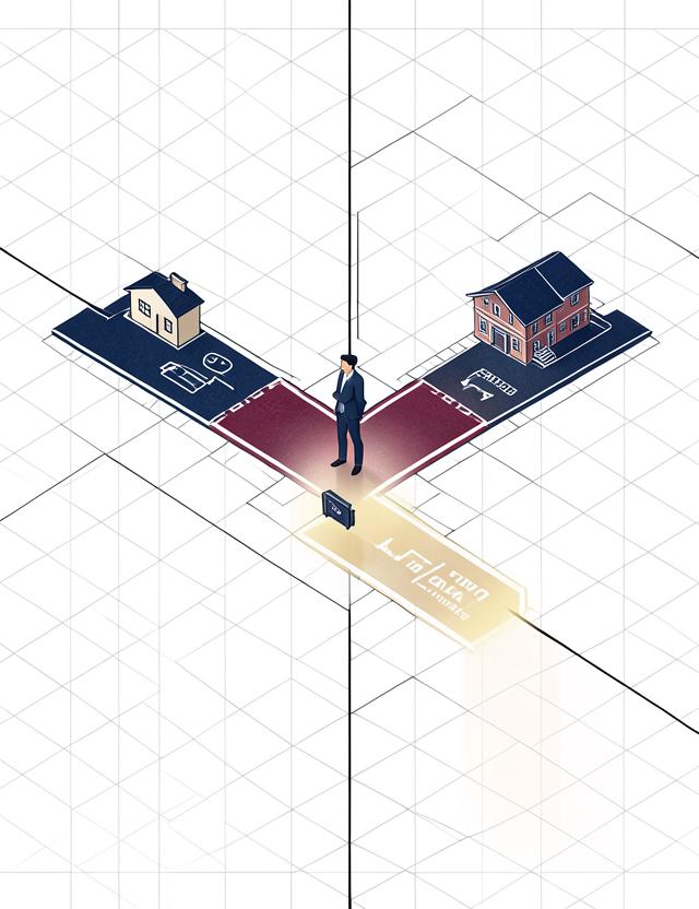 Isometric illustration of a person choosing between pathways to a home, clinic, and school