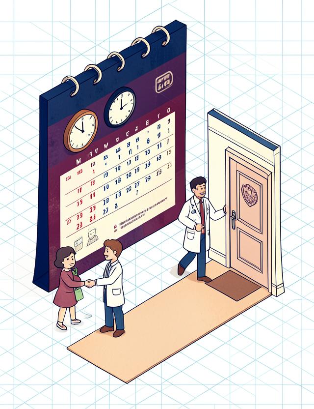 Isometric illustration of a calendar, clock, and a family being welcomed through a door